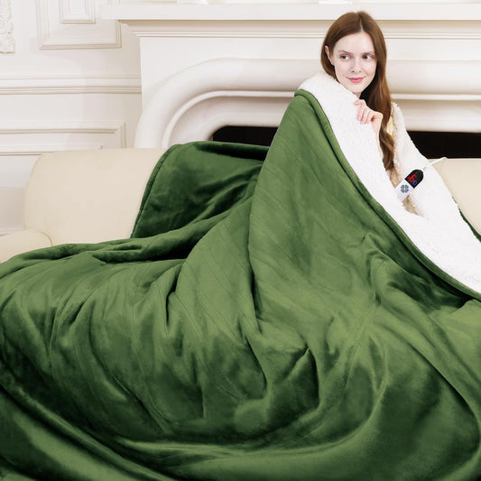 Full Size Electric Blanket 72" x 84" - Fluffy Ultra Soft Flannel Full Heated Blanket with 6 Heating Levels & 10 Hours Adjustable Timer, Fast Heating and Electric Blanket for Office (Green)