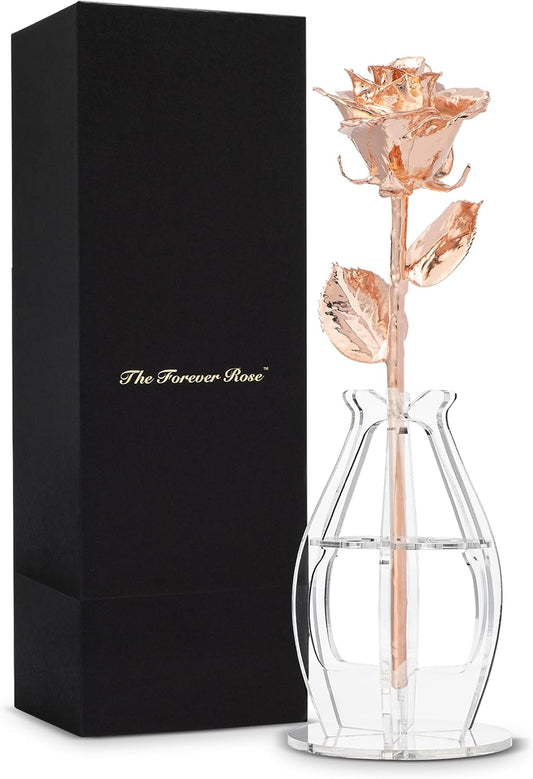 Forever Rose Real Rose Dipped in Rose Gold, Handcrafted Preserved Rose in Bloom Box and Phantom Vase, Romantic Gift for Her, Elegant Keepsake for Anniversary, Birthday, or Any Special Occasion