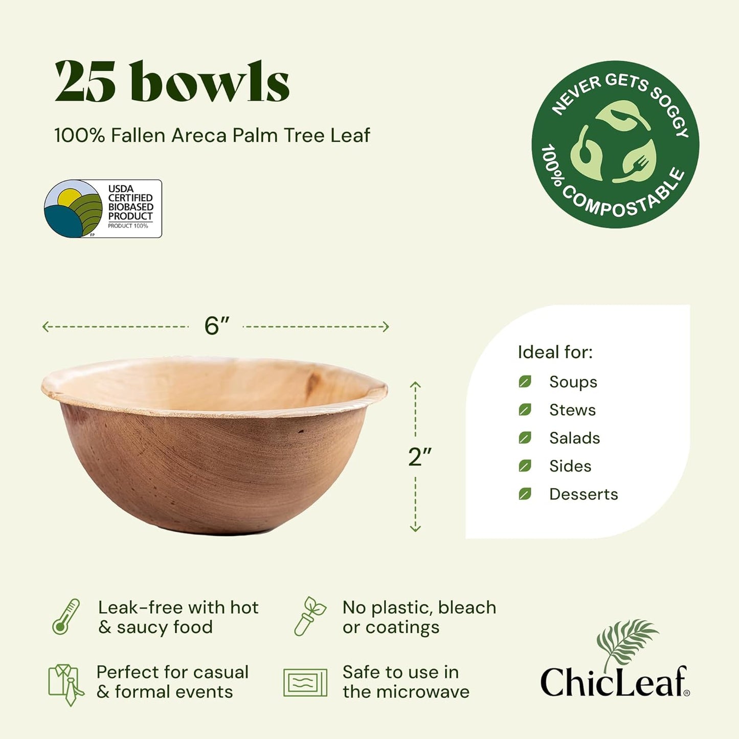 Chic Leaf Palm Leaf Bowls - Mini Disposable Bamboo Bowls - Small Plates & Dessert Cups for Party Events - Biodegradable & Compostable Party Supplies (6'' Round - 25 Pack)