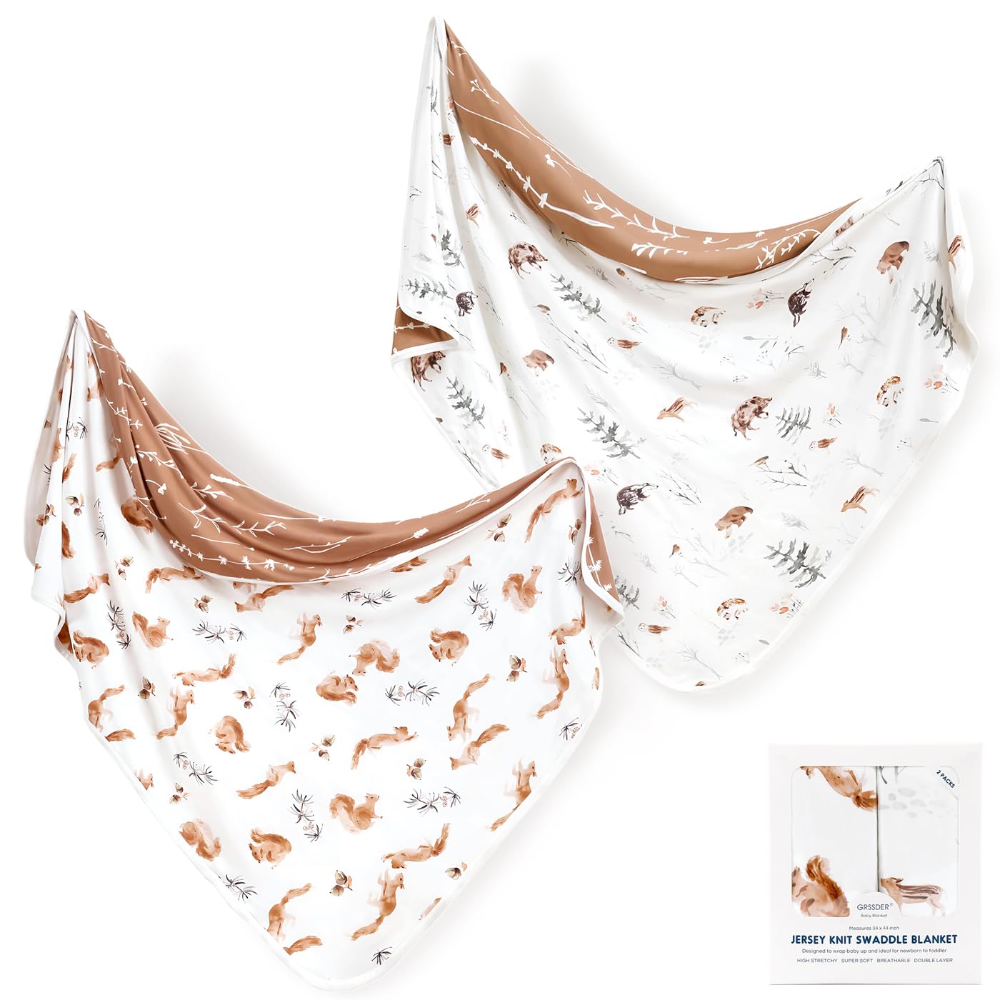GRSSDER Baby Blankets Super Soft Stretchy Jersey Swaddle Blanket 2 Pack for Girls and Boys, Double Layer Reversible Receiving Blankets 34 x 44, Extra Large for Swaddling, Squirrel & Jungle