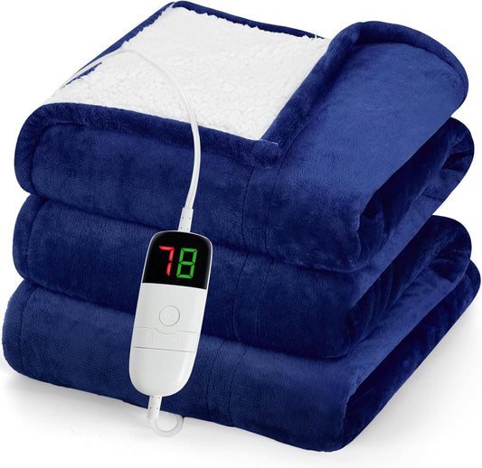 greenoak Heated Blanket Electric Throw 50"X60", Heating Blanket with 10 Levels 1/2/4/6/8 Hours Auto-Off Overheat Protection, Soft Flannel Sherpa Warm Heater, ETL Certified Sea Blue