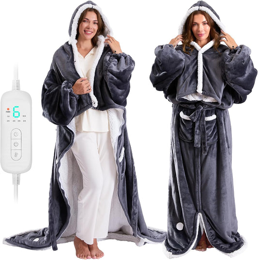 Wearable Heated Blanket Hoodie with Zipper,Electric Snuggle Throw Blankets with Sleeves,Flannel & Sherpa Heating Blanket with Foot Pocket for Adults Seniors,8 Heating Levels & 1-10 Hour Timer,60x70in