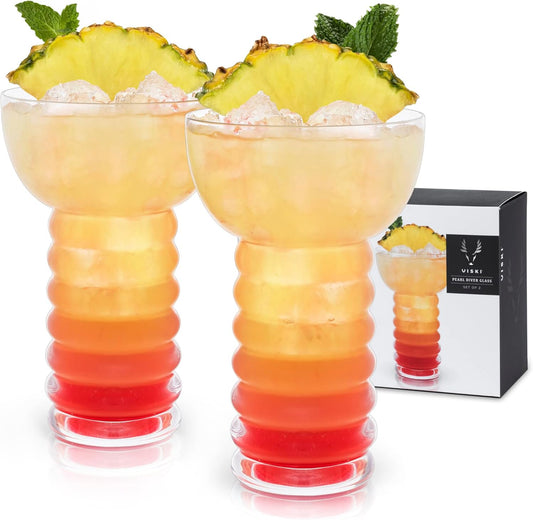 Viski Pacific Crystal Pearl Diver Tropical Tiki Tumbler Set of 2 - Premium Crystal Clear Glass, Stylish Tiki Glasses for Cocktails Gift Set, 12 oz