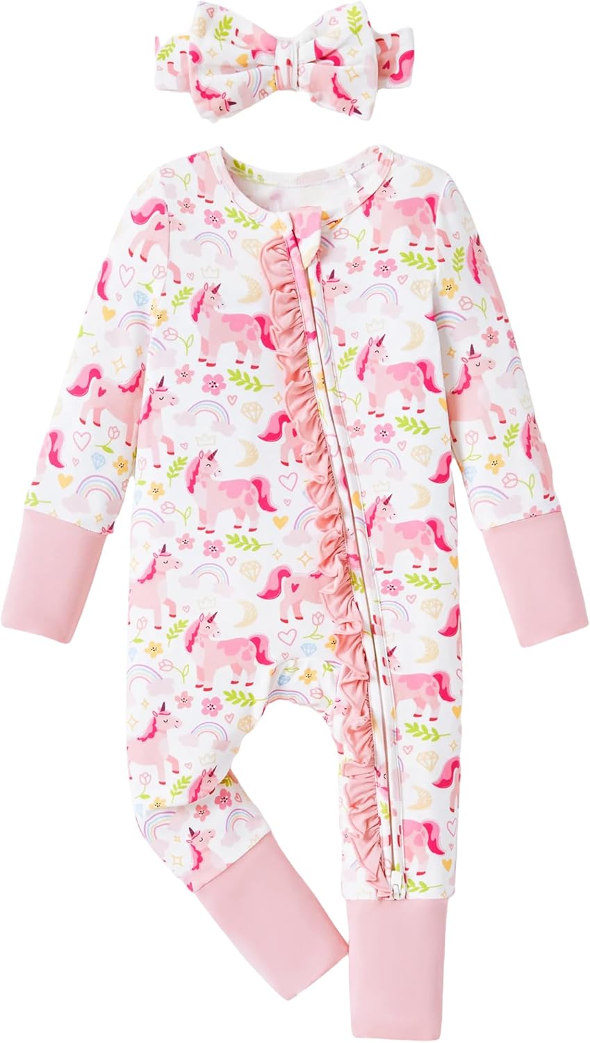 PATPAT Baby Footie Girls - Supersoft Bamboo Viscose - Unisex Infant Clothes - 2 Way Zipper & Mitten & Ruffle Trim & Headband