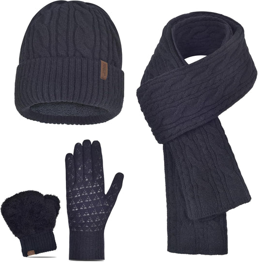Men Winter Beanie Hat Touchscreen Gloves Scarf Set Warm Fleece Lined