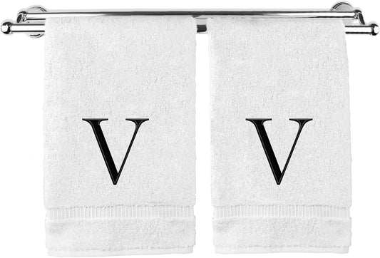 Monogrammed Hand Towel, Personalized Gift, Set of 2- Black Block Letter Embroidered Towel - Extra Absorbent 100% Turkish Cotton - Soft Terry Finish - Initial V White