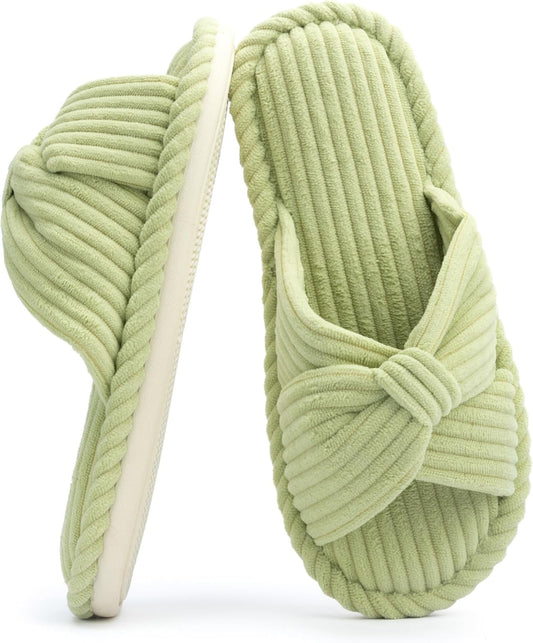 Chantomoo Slippers for Women Memory Foam House Womens Slipper Slides Home Bedroom Bathroom Spa Open Toe Corduroy Bow Slippers Cozy Comfortable