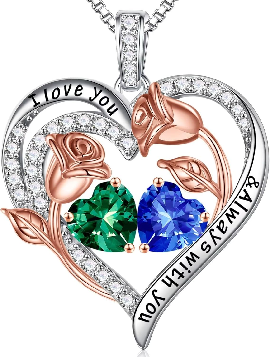 Iefil Birthstone Necklace for Women - 925 Sterling Silver Rose Heart Birthstone Necklace Birthday Anniversary Jewelry Gifts for Her Wife Mom Daughter