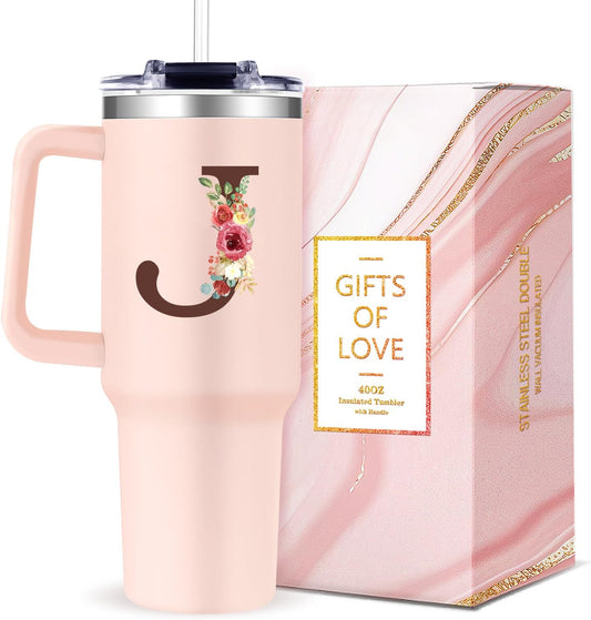 Monogrammed 40oz Tumbler with Handle for Women, Personalized Birthday Gifts for Women,Initial Cups for Woman Floral Letter J,Customized Gifts for Female Lady Gift for Mothers Day Christmas