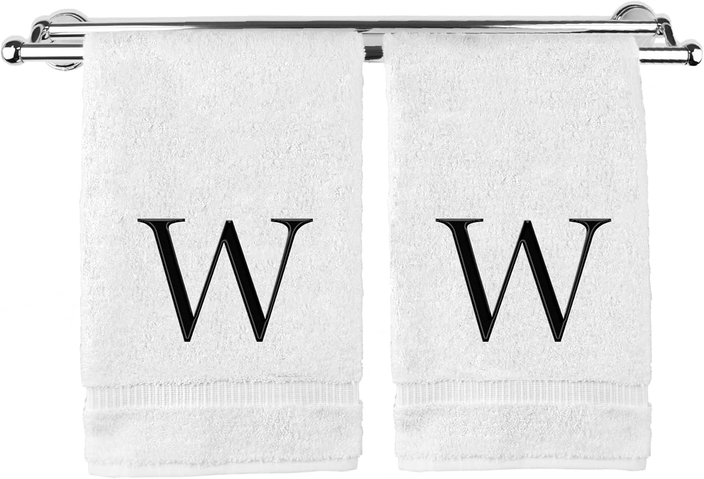 Monogrammed Hand Towel, Personalized Gift, Set of 2- Black Block Letter Embroidered Towel - Extra Absorbent 100% Turkish Cotton - Soft Terry Finish - Initial W White