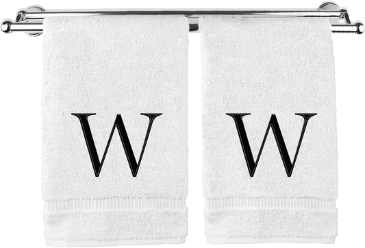 Monogrammed Hand Towel, Personalized Gift, Set of 2- Black Block Letter Embroidered Towel - Extra Absorbent 100% Turkish Cotton - Soft Terry Finish - Initial W White