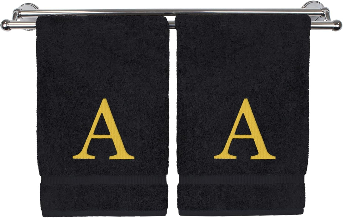 Monogrammed Hand Towel, Personalized Gift, Set of 2- Gold Block Letter Embroidered Towel - Extra Absorbent 100% Turkish Cotton - Soft Terry Finish - Initial A Black