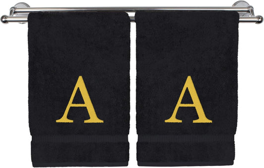 Monogrammed Hand Towel, Personalized Gift, Set of 2- Gold Block Letter Embroidered Towel - Extra Absorbent 100% Turkish Cotton - Soft Terry Finish - Initial A Black