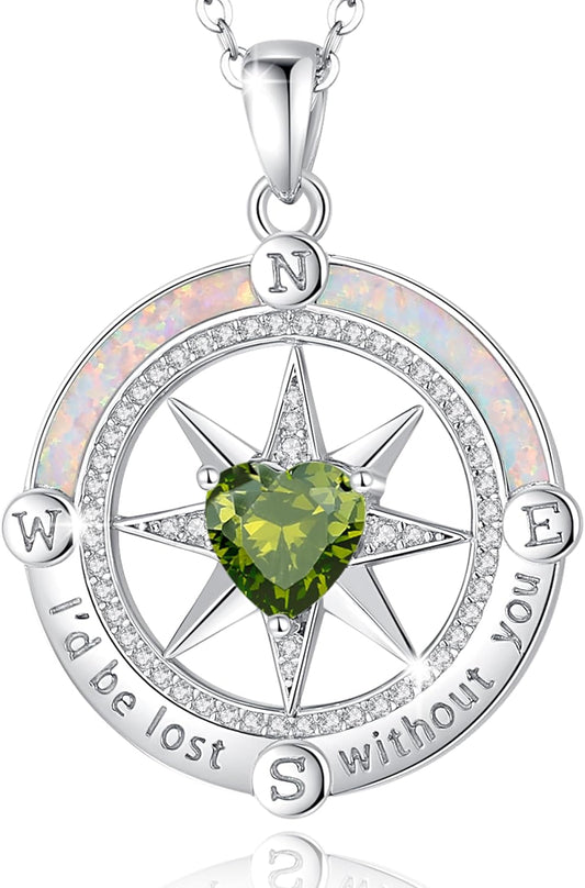 FANCIME Compass Necklace for Women Sterling Silver Compass Jewelry Opal Pendant Fine Jewelry Gemstone Birthday Mother's Day Gifts for Wife
