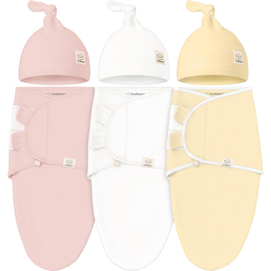 KeaBabies 3-Pack Swaddles for Newborns, Girls, Boys with Hats - Organic Soft Baby Sleep Sacks, Breathable Baby Swaddle 3-6 Months Beanies Set, Premie Infant Sleep Sack 0-3 Months (Daffodil)