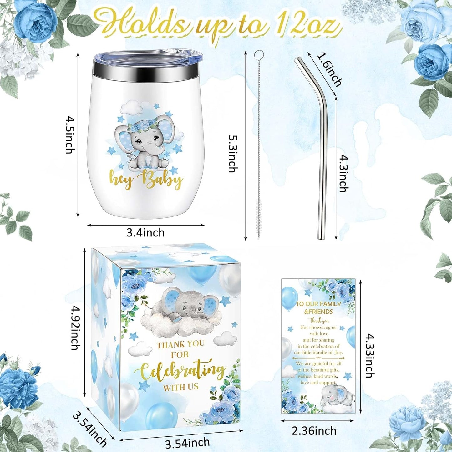 Hoolerry 6 Set Baby Shower Game Prizes for Guests Winners 12 oz Insulated Stainless Steel Tumbler Cup with Lids, Straws, Cleaning Brush, Cards & Boxes Return Gifts(Blue,Elephant)