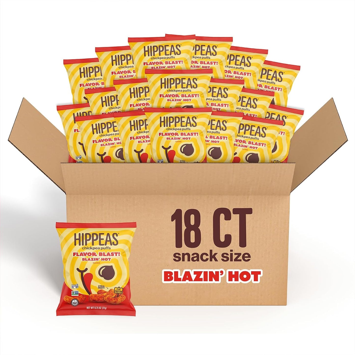 Hippeas Chickpea Puffs, Flavor Blast: Blazin' Hot, 0.75 Ounce (Pack of 18), 3g Protein, 2g Fiber, Vegan, Gluten-Free, Crunchy, Plant Protein Snacks