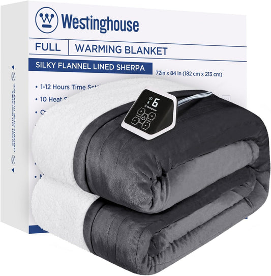 Westinghouse Heated Blanket Full Size, Soft Flannel to Sherpa Electric Blanket with 10 Heating Levels, 1-12 Hours Auto Shut Off, Fast Heating Warming Blanket, Machine Washable, 72x84 Inch, Charcoal