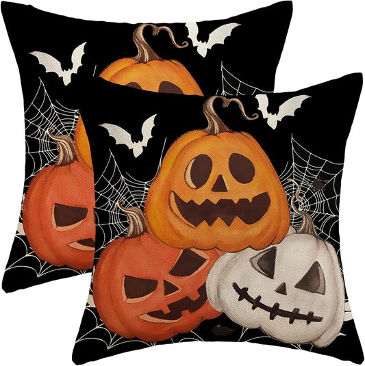Halloween Pillow Covers 18x18 Set of 2 Black Orange Pumpkin Spider Web Bat Decorative Throw Pillow Covers Outdoor Decor Autumn Halloween Pillowcase Farmhouse Linen Cushion Case for Home Couch