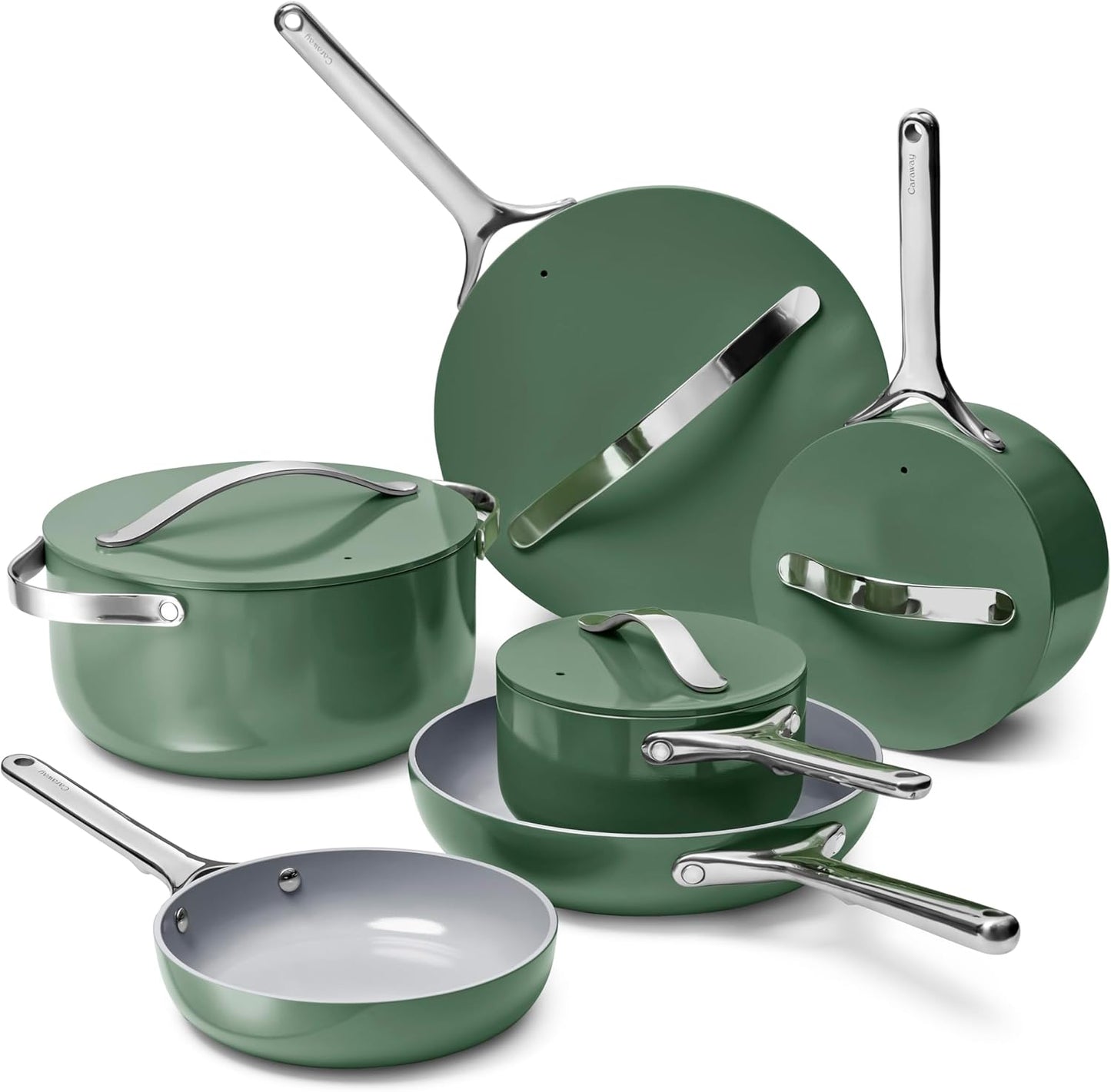 Caraway Deluxe Nonstick Ceramic Cookware Set (16 Piece) Pots, Frying Pans, Lids and Kitchen Storage - PFAS & PFOA Free - Oven Safe Ceramic Pan Set & Compatible with All Stovetops - Sage
