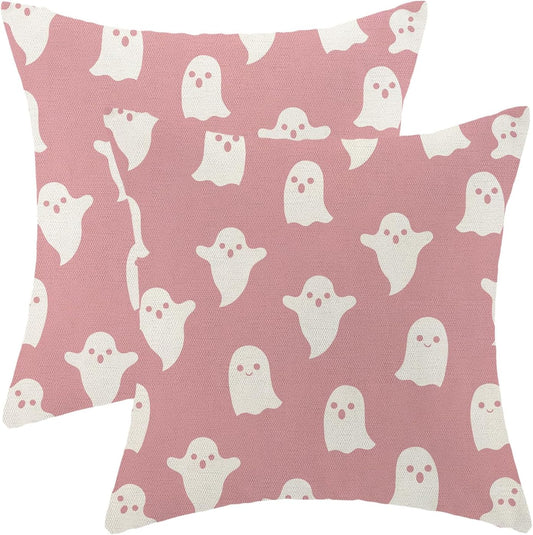 Halloween Decor Pillow Covers 18x18 Set Of 2 Pink Cute Ghost Throw Pillow Covers Halloween Decoration Pillow Covers For Halloween Home Decorative Linen Cushion Case For Home Couch Sofa Outdoor