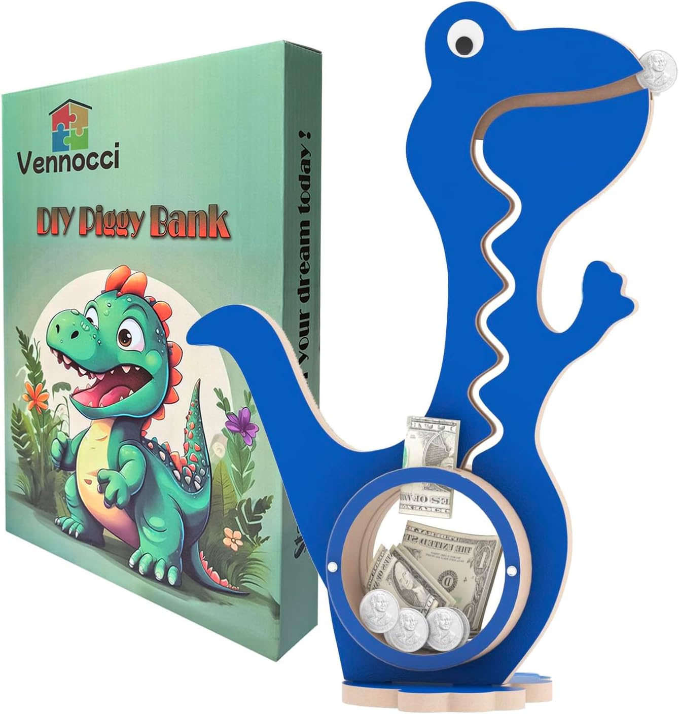 Dinosaur Piggy Bank for Kids Boys Girls, Blue Wooden Coin Bank with Large Clear Acrylic Belly, Cute Money Savings Box Toy Gift for Toddlers Birthday Christmas by Vennocci