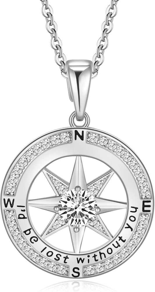 Mkhhy Compass Necklace for Women Jewelry For Her White Gold and Yellow Gold I'd Be Lost Without You(18k Real Gold Filled With S925)