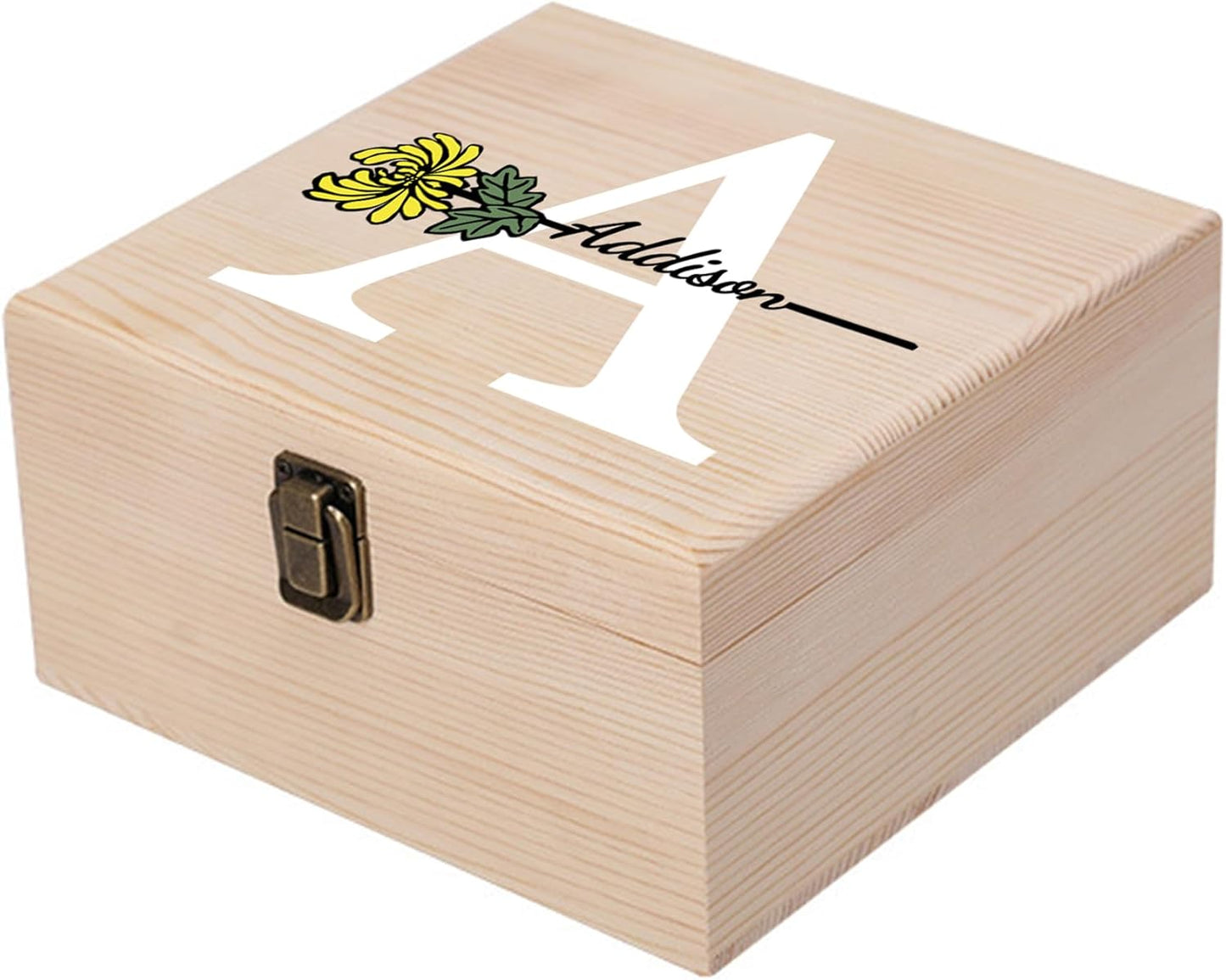 Personalized Wooden Keepsake Memory Box with Birth Flower & Name, Custom Wood Decorative Storage Box with Lids Customized Christmas Gift Box for Women Teen Girls Mom Birthday Gifts
