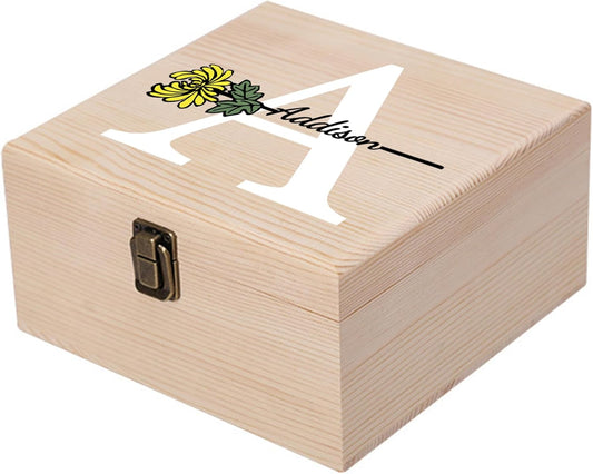 Personalized Wooden Keepsake Memory Box with Birth Flower & Name, Custom Wood Decorative Storage Box with Lids Customized Christmas Gift Box for Women Teen Girls Mom Birthday Gifts