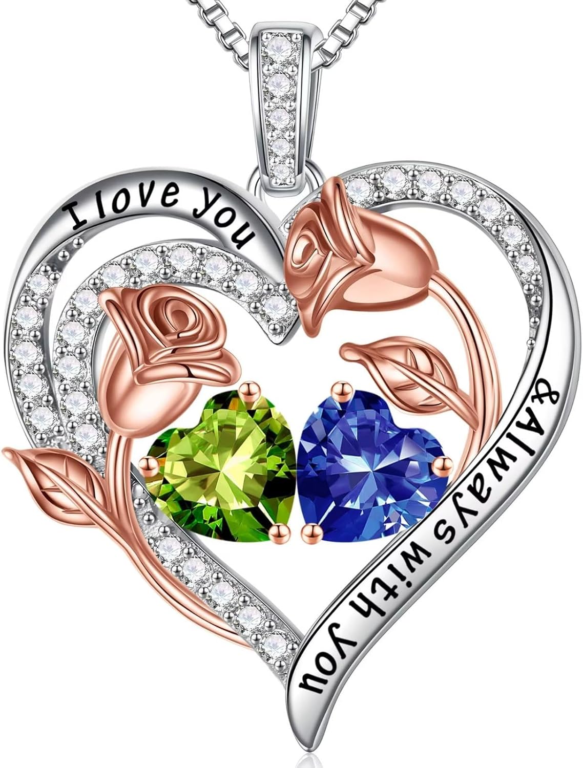 Iefil Birthstone Necklace for Women - 925 Sterling Silver Rose Heart Birthstone Necklace Birthday Anniversary Jewelry Gifts for Her Wife Mom Daughter