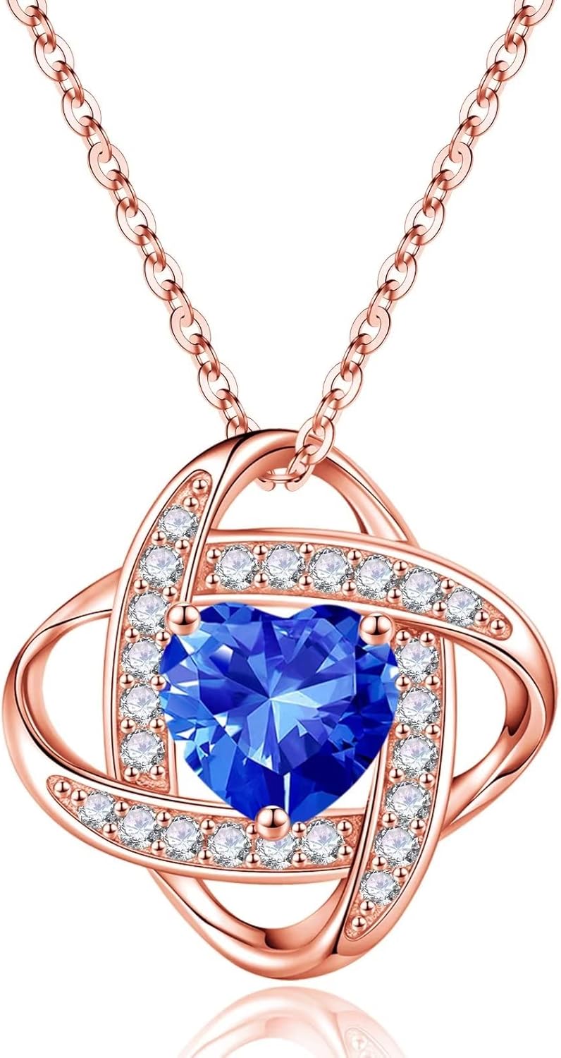 Iefil 925 Sterling Silver Love Knot Birthstone Necklace, Natural or Created Gemstone, Anniversary Birthday Gifts for Women, Jewelry Gifts for Wife Mom Girlfriend