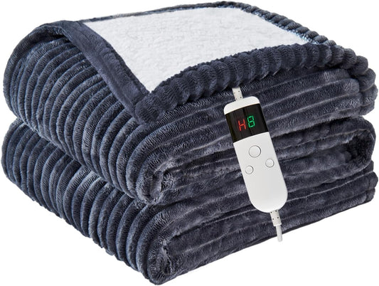 Heated Blanket Electric Full, Soft Flannel Heating Blanket with 8 Hours Auto Off 10 Fast Heating Levels Machine Washable Sherpa Heated Blanket with Overheating Protection