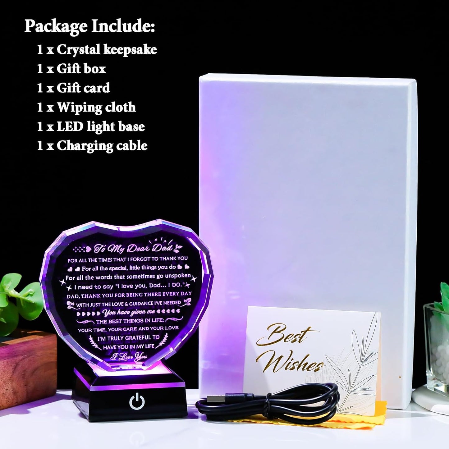 YWHL Gifts for Dad from Daughter Son with Colorful Light Base Birthday Gifts for Dad Crystal Heart Keepsake Thank You Gift Idea To My Father Present on Fathers Day Christmas Thanksgiving
