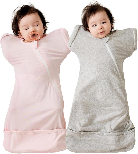 Duomiaomiao 2 Pack Baby Transition Swaddle Blanket, Snap Arms Up Baby Sleep Sack for All Seasons, 100% Cotton Baby Essentials for Newborn Boys Girls 0-6 Months, Gray & Dinosaurs
