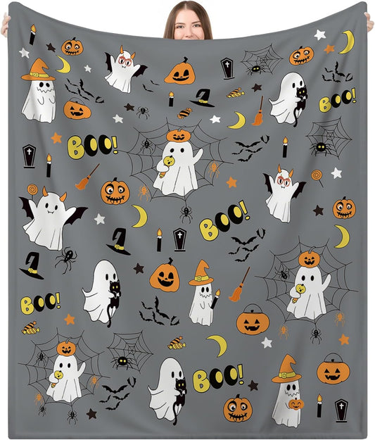 Halloween Throw Blanket 52”x 60” with Cute Ghost Pumpkin Spider Birthday Gifts for Kids,Grey Flannel Bat Blanket Soft Warm Cozy Throw for Daughter Son Harvest Gifts and Home Decor