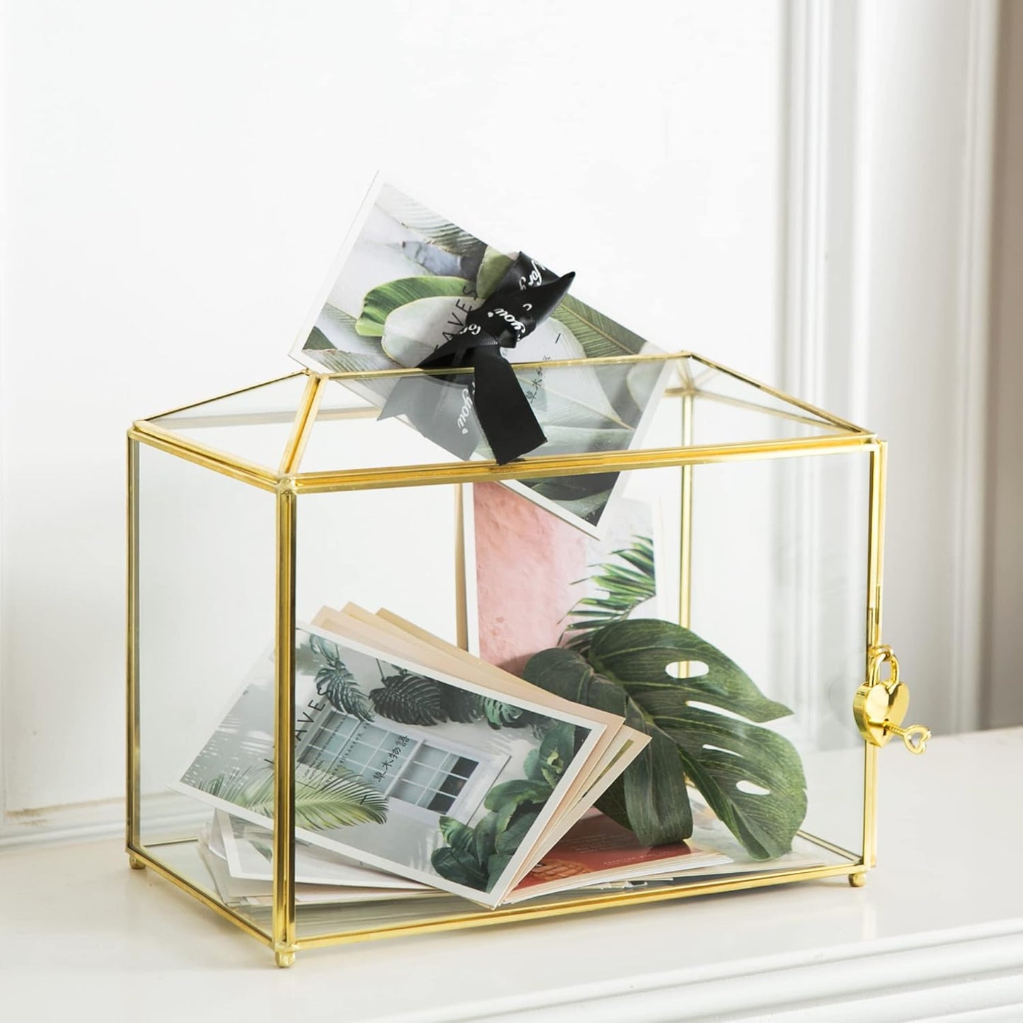 Glass Wedding Card Box with Slot, Large Clear Card Box 10.2 inch Gold Brass Gift Card Storage Box with Lock for Wedding Receptions, Baby Shower, Birthday Party, Bridal Shower