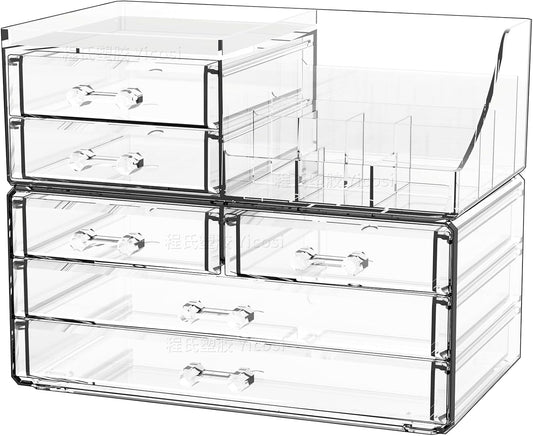 Cq acrylic Make Up Organizers for Vanity With 6 Drawers, 2 Pack Clear Drawer Organizers,Plastic Cute Desk Accessories Organization and Bathroom Organizers Storage Case Box Cube for Beauty,Skin Care