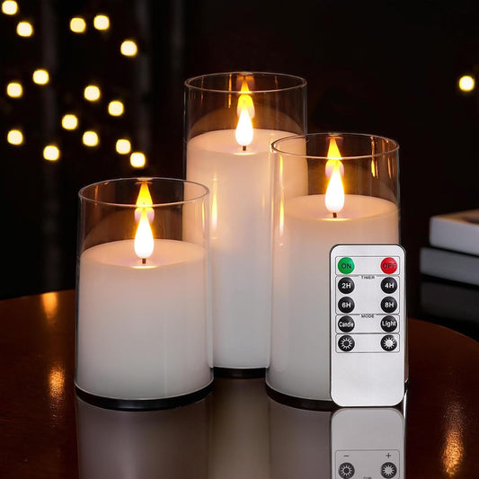 NICEME Flickering Flameless Candles with Remote Control Timer Unbreakable Acrylic Battery Operated LED Candles with Flickering Flame 3D Wick for Romantic Ambience Home Decor Set of 3, D3” xH4” 5” 6”