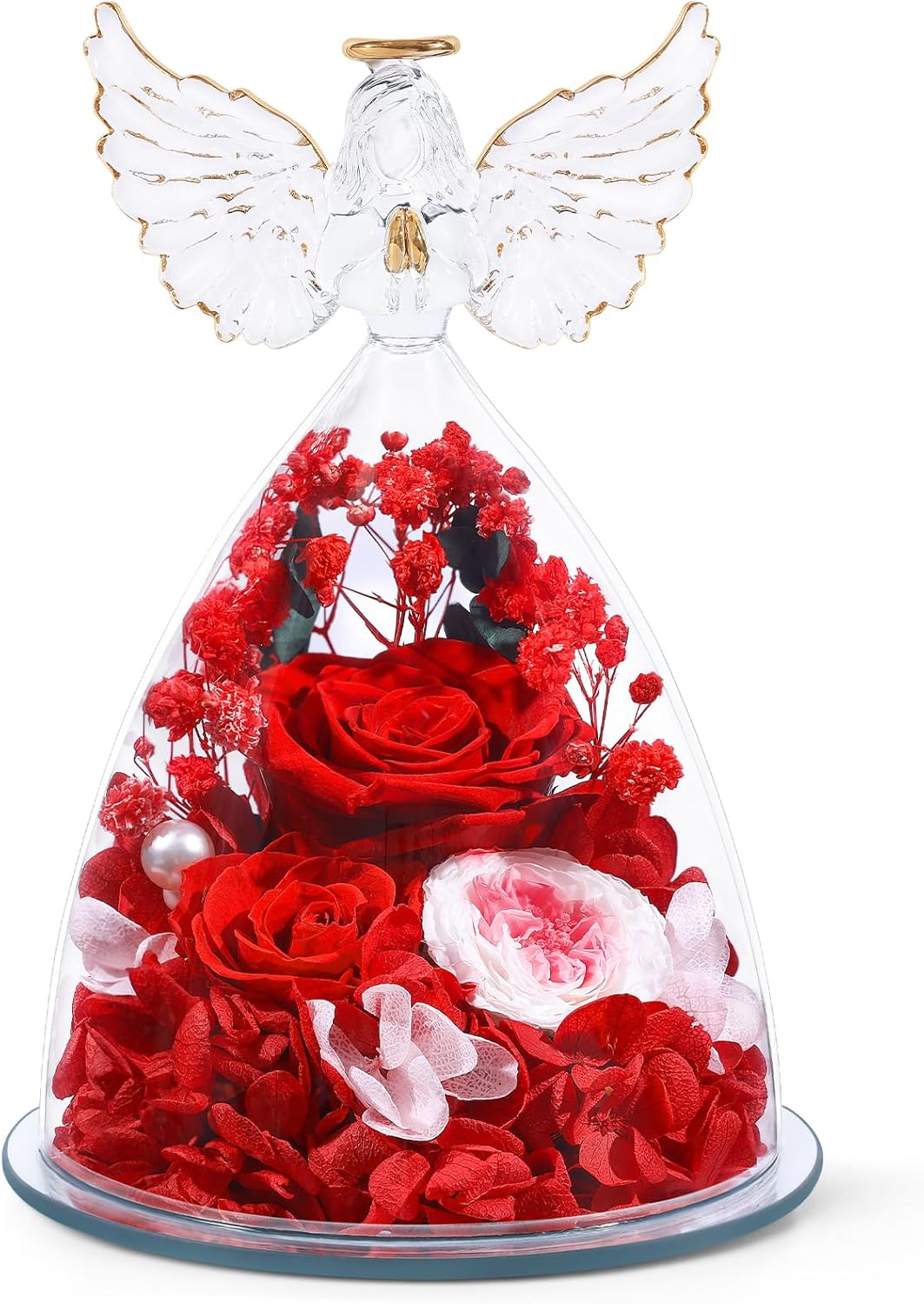 FIACO Gifts for Women Preserved Rose Forever Flower in Glass Angel Figurine Fresh Flowers for Delivery Mothers Day Birthday Gifts for Mom Grandma Wife Sister Red