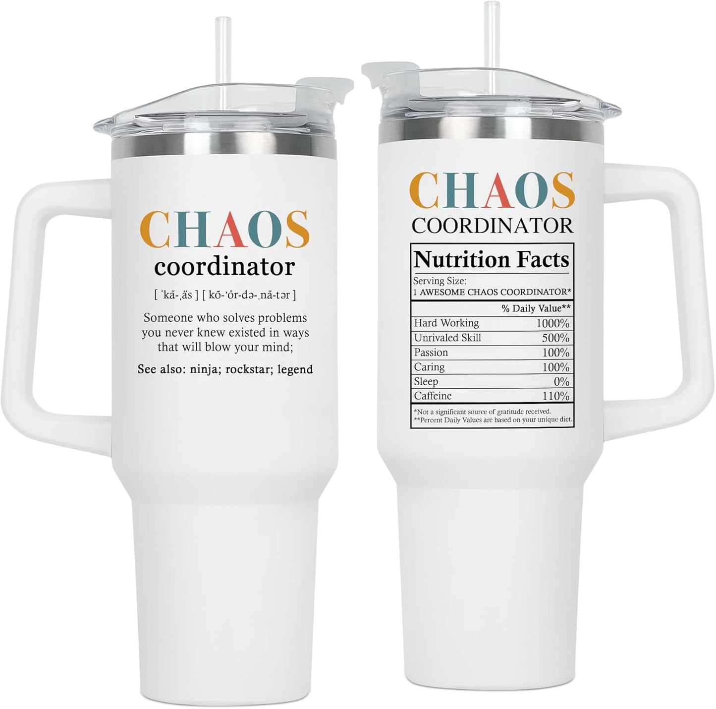 TEEZWONDER Thank You Gifts for Women - Chaos Coordinator Insulated 40 oz Tumbler with Handle - Funny Birthday Employee Appreciation Gifts for Women Coworkers Boss Colleagues Teachers Nurse