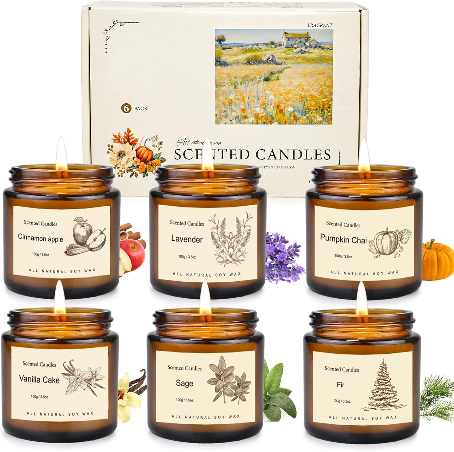 Fall Candles Gift Set,6 Pack Scented Candles for Home, Aromatherapy Gifts for Women Men, Fall Winter Holiday Natural Soy Candles Set for Birthday, Mother's Valentines Day Gifts for Her