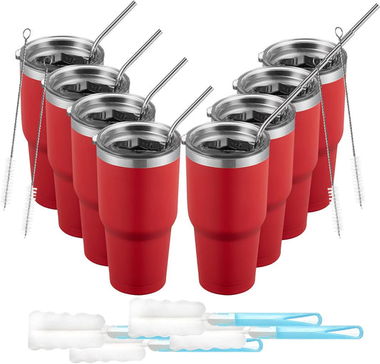 COMOOO 30oz Tumbler Stainless Steel Insulated Tumbler with Lid Double Wall Vacuum Coffee Cup Large Travel Mug for Home, Office, School,Party (Red, 8 Pack)
