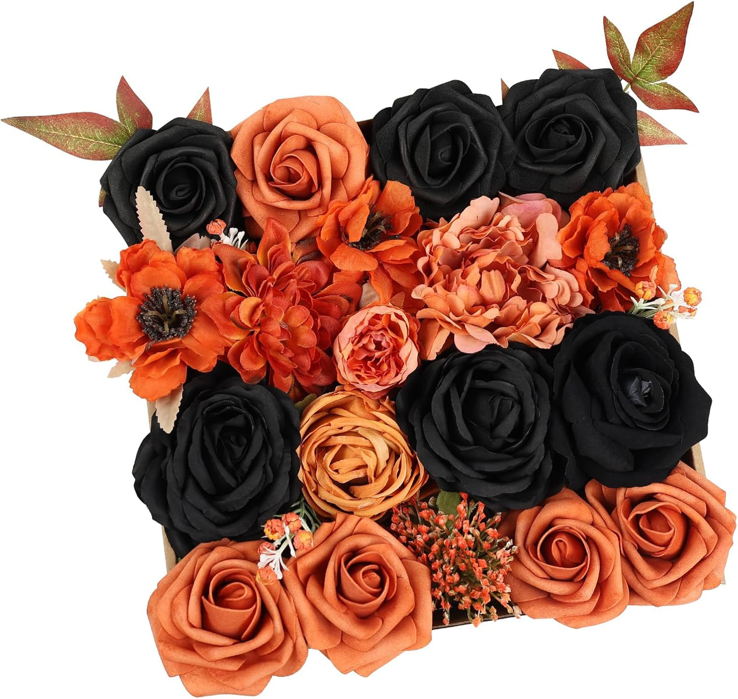 DEEMEI Artificial Flowers Combo Box Set Black Rose Silk Mix Orange Peony Flowers with Stems for DIY Bridal Wedding Bouquets Centerpieces Baby Shower Party Home Decorations