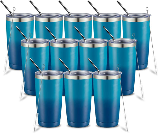 COMOOO 20oz Tumbler with Straw Stainless Steel Insulated Coffee Tumbler Cups Double Wall Vacuum Travel Coffee Mug with Splash Proof Sliding Lid for Hot Cold Drinks (Dark Night, 12 Pack)