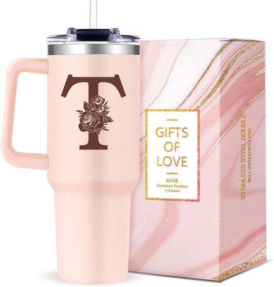 Monogrammed 40oz Tumbler with Handle for Women, Personalized Birthday Gifts for Women,Initial Cups for Woman Pink Letter T,Customized Gifts for Female Lady Gift for Mothers Day Christmas