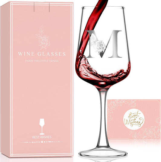 Monogrammed Wine Glass Gifts for Women - Personalized A-Z Wine Glasses with Gift Box & Greeting Card | Custom Mothers day, Anniversary, Birthday Gifts for Her, Mom, Wife, Best Friend, Sister,Woman (M)