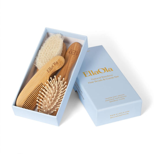 Natural Bamboo Hair Brush & Comb Set, 3 Piece - Cradle Cap Brush, Massage Hair Brush, Bamboo Comb for Toddlers, Newborns & Infants I Baby Registry Gift