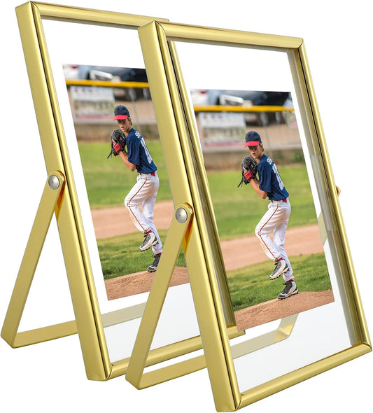 Gold Floating Frame, 4"x6", Vertical, 2 Set, For Picture 3.5x5, 2x3, 1x2, Small Desktop Photo Frames, Classy Gift For Kids Birthday or Wedding