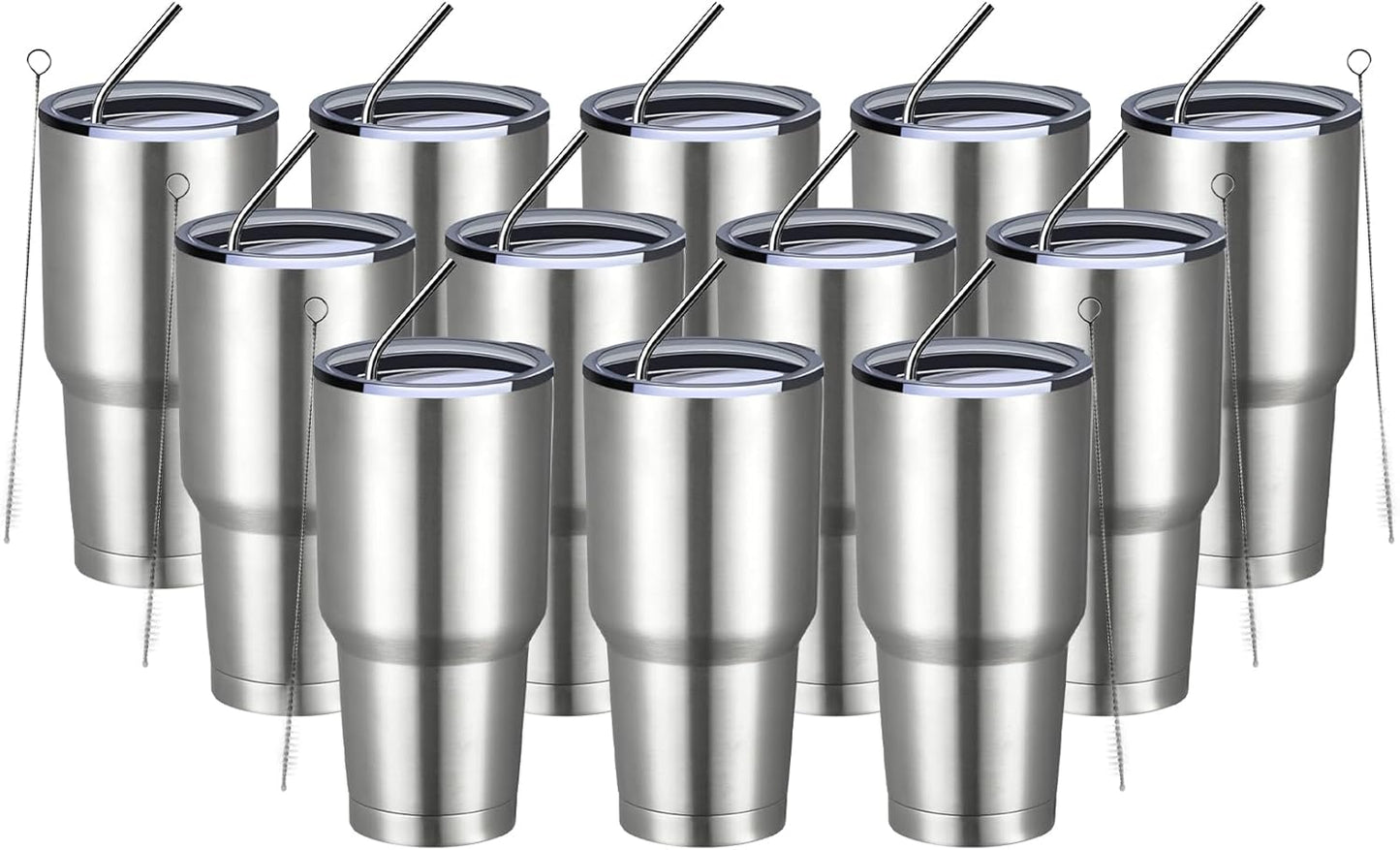 MEWAY 30oz Insulated Tumbler With Lids and Straws,Stainless Steel Double Vacuum Coffee Tumbler Cup, Brush, Durable Powder Coated Coffee Cup for Cold & Hot Drinks, Office, Travel(Silver,12 PACK)