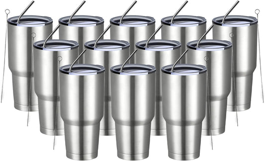 MEWAY 30oz Insulated Tumbler With Lids and Straws,Stainless Steel Double Vacuum Coffee Tumbler Cup, Brush, Durable Powder Coated Coffee Cup for Cold & Hot Drinks, Office, Travel(Silver,12 PACK)